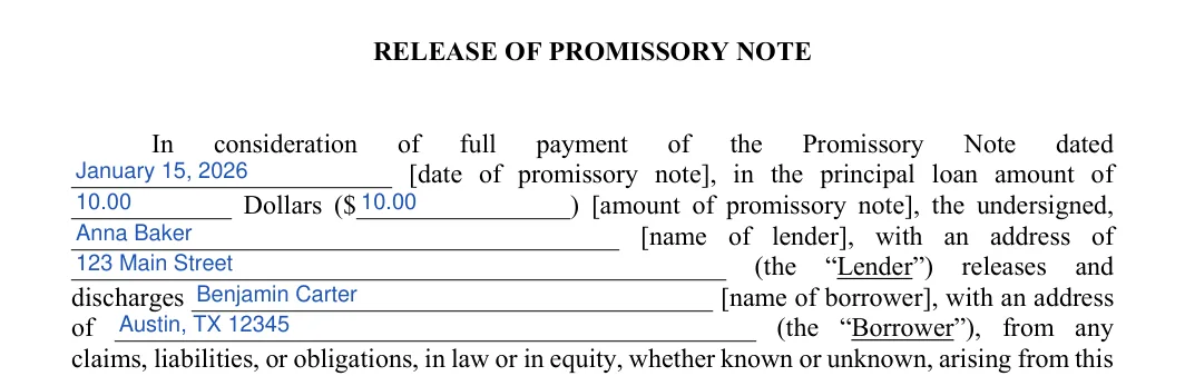 Release of Promissory Note: RELEASE OF PROMISSORY NOTE, filled with sample entries