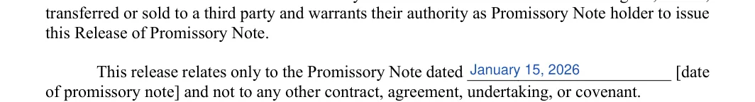 Release of Promissory Note: Promissory note date, filled with sample entries