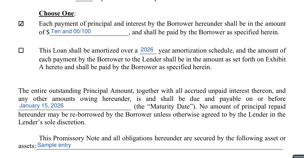 Secured Promissory Note: Choose One, filled with sample entries