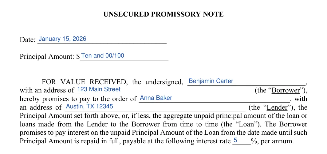 Unsecured Promissory Note: UNSECURED PROMISSORY NOTE, filled with sample entries