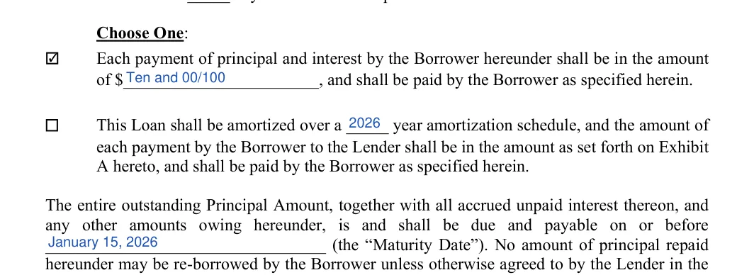 Unsecured Promissory Note: Choose One, filled with sample entries