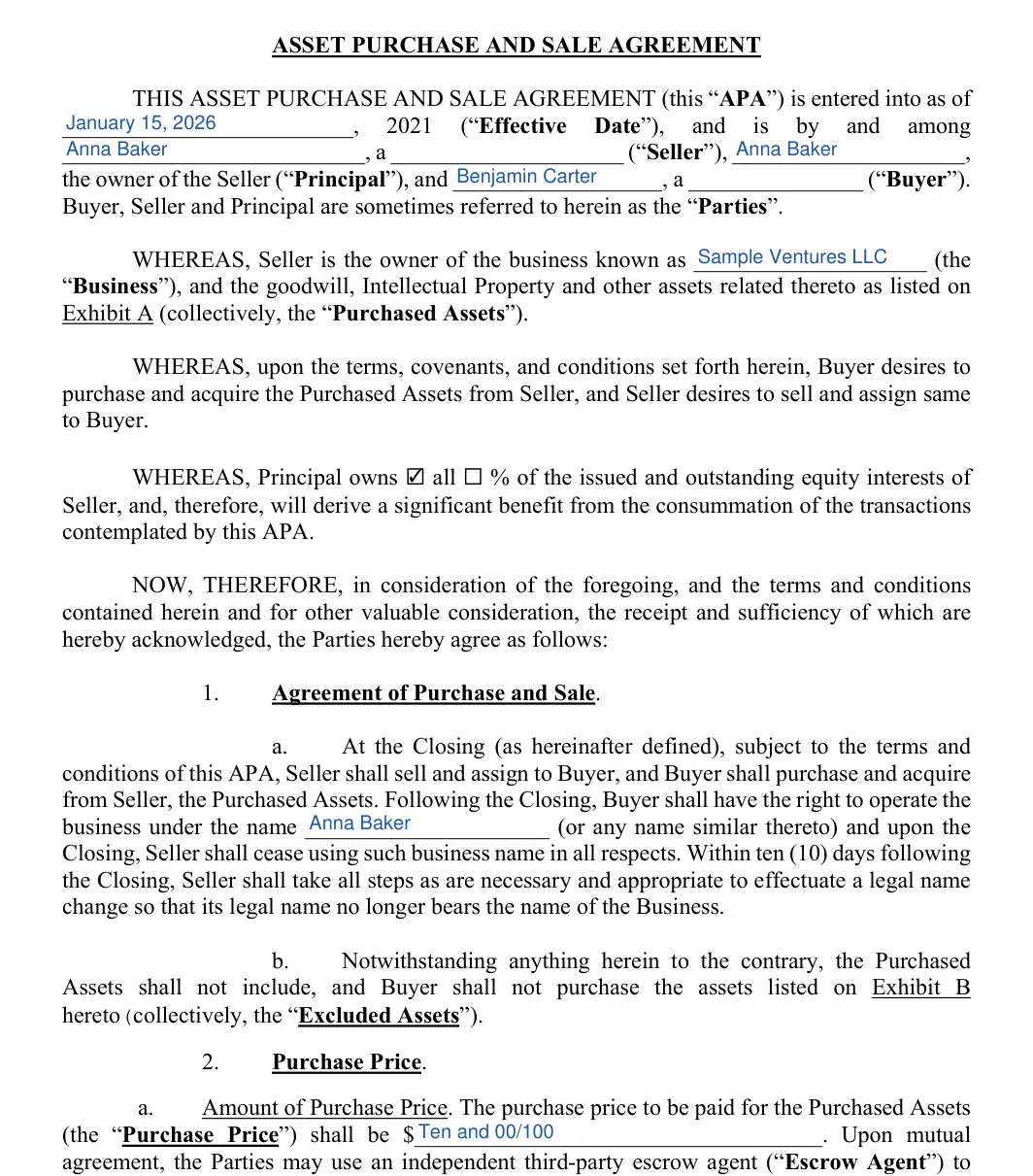Asset Purchase and Sale Agreement: ASSET PURCHASE AND SALE AGREEMENT, filled with sample entries