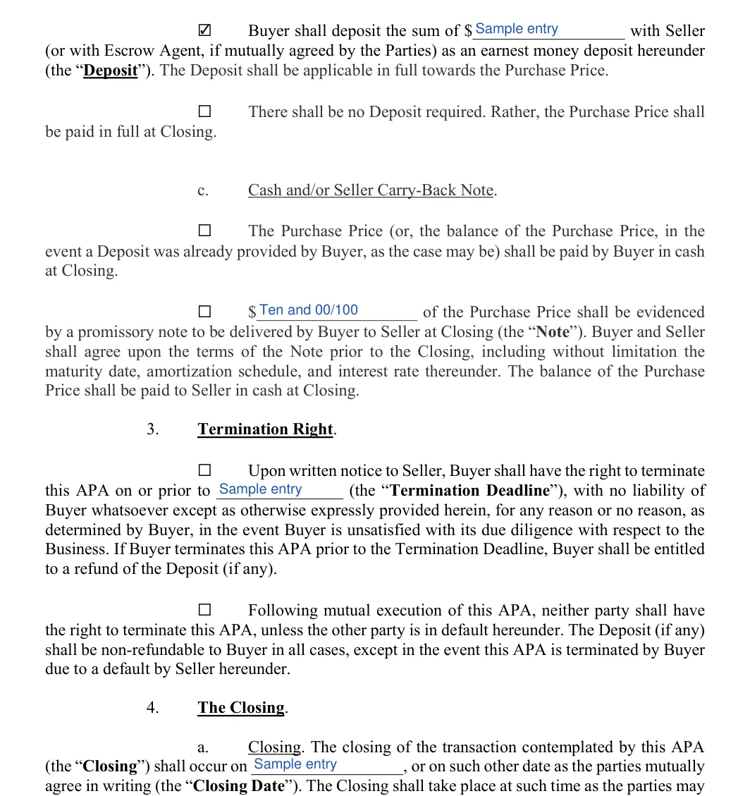 Asset Purchase and Sale Agreement: Deposit, Check, filled with sample entries