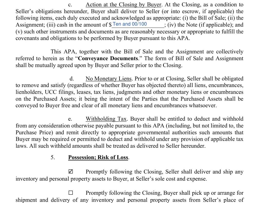Asset Purchase and Sale Agreement: Cash amount, filled with sample entries