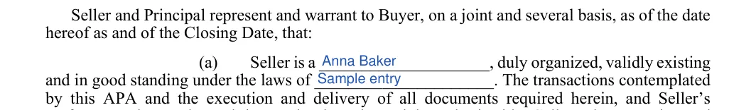 Asset Purchase and Sale Agreement: hereof as and of the Closing Date, that, filled with sample entries