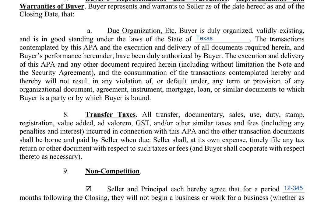 Asset Purchase and Sale Agreement: Closing Date, that, filled with sample entries