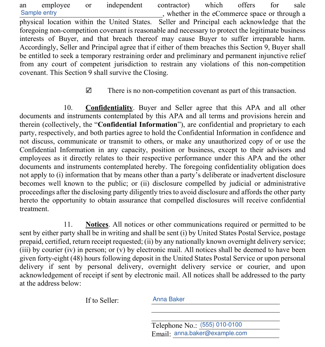 Asset Purchase and Sale Agreement: If to Seller, filled with sample entries