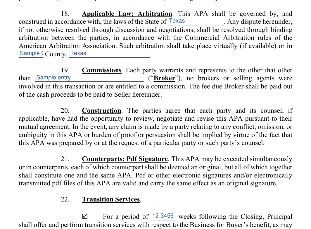 Asset Purchase and Sale Agreement: State of, County and more, filled with sample entries