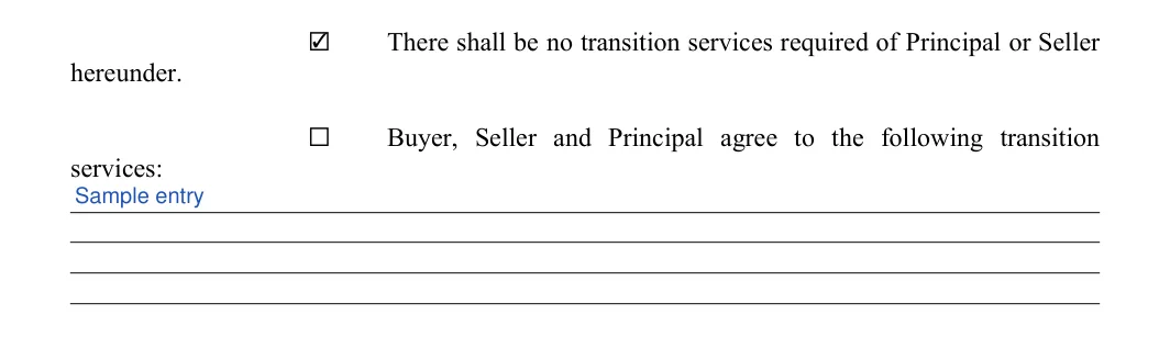 Asset Purchase and Sale Agreement: services, filled with sample entries