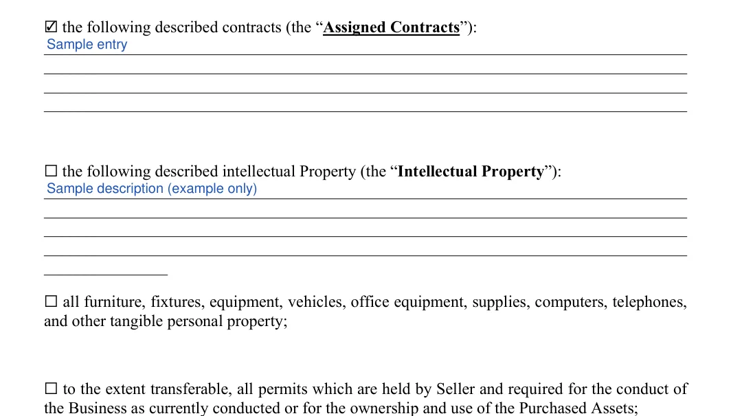 Asset Purchase and Sale Agreement: Check, Assigned contracts and more, filled with sample entries