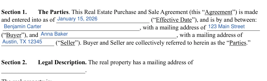 Purchase Agreement: Section 1, filled with sample entries