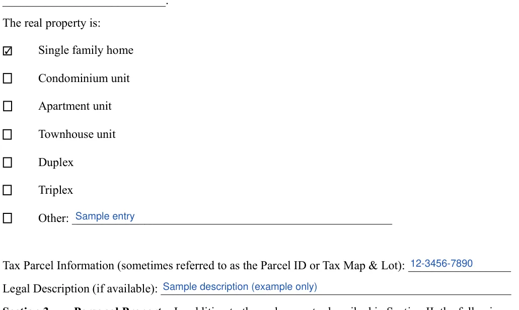 Purchase Agreement: The real property is, filled with sample entries