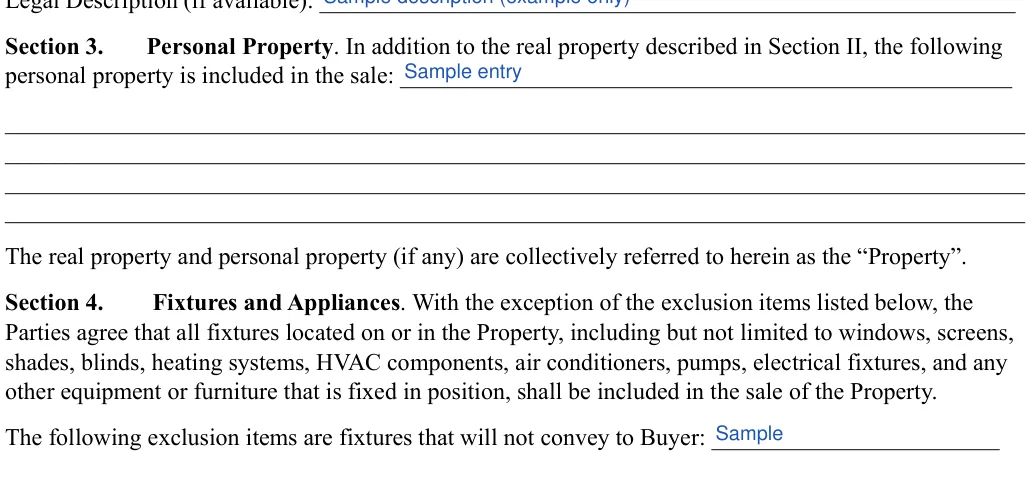Purchase Agreement: Section 3, filled with sample entries