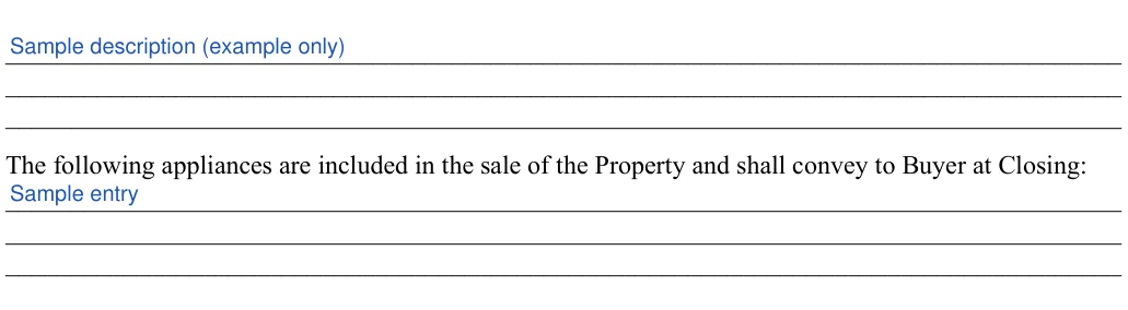 Purchase Agreement: Exclusion items, Following appliances, filled with sample entries