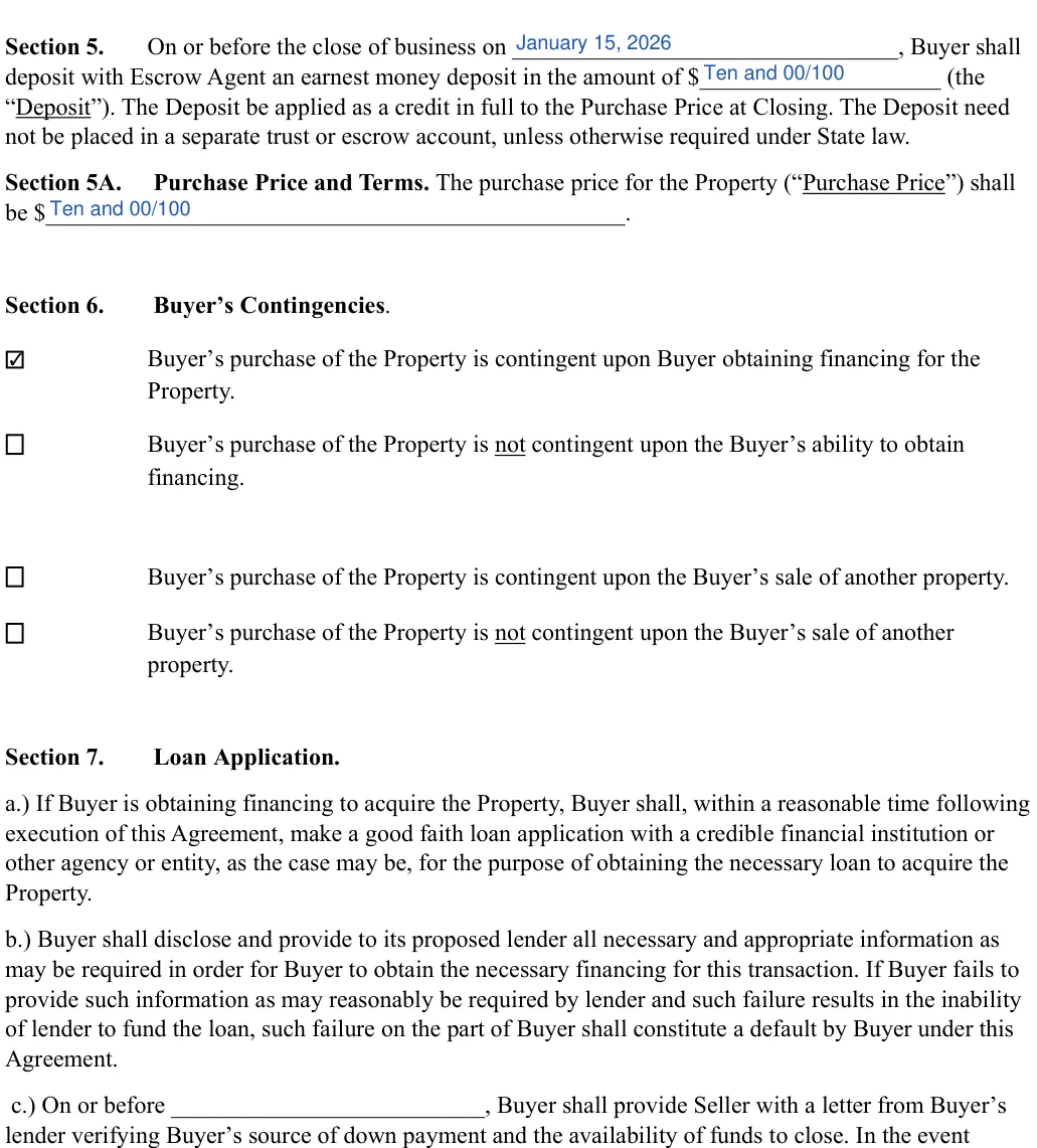 Purchase Agreement: Section 5, filled with sample entries