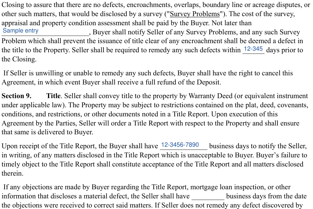 Purchase Agreement: Not later than, Number of days, filled with sample entries