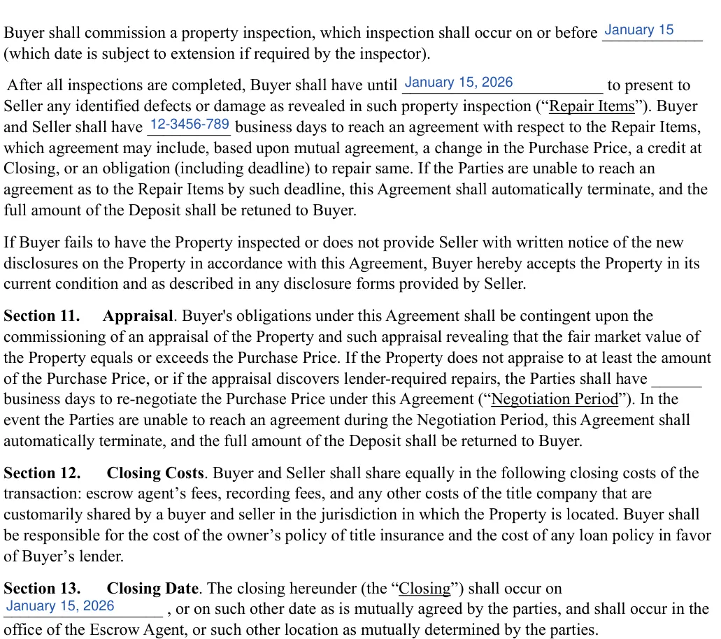 Purchase Agreement: Section 11, filled with sample entries