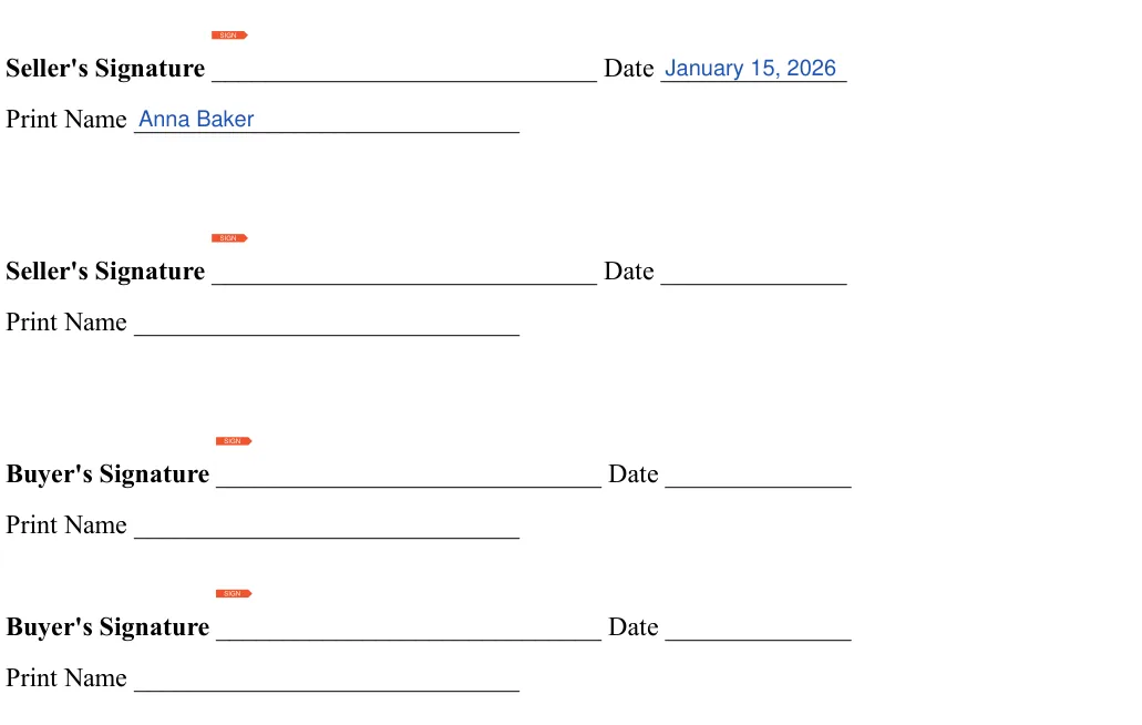 Purchase Agreement: Sellers signature, Date and more, filled with sample entries