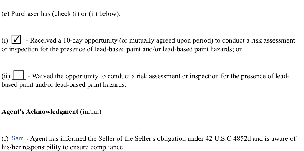Purchase Agreement: (e) Purchaser has (check (i) or (ii) below), filled with sample entries