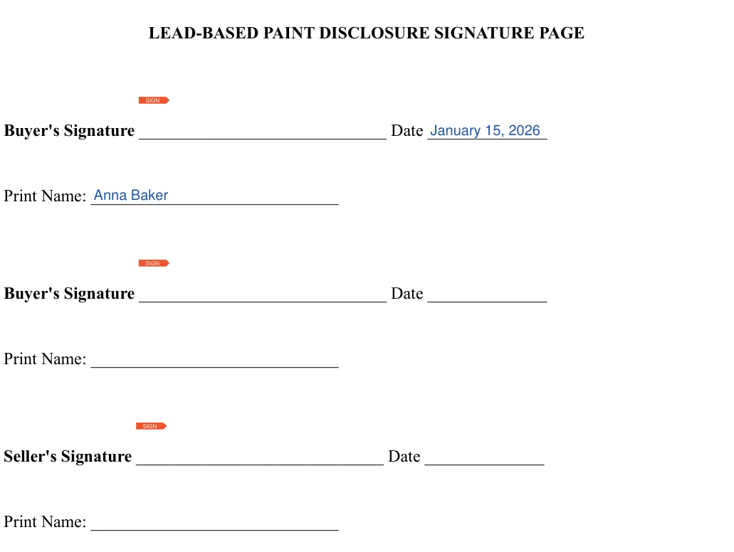 Purchase Agreement: LEAD-BASED PAINT DISCLOSURE SIGNATURE PAGE, filled with sample entries