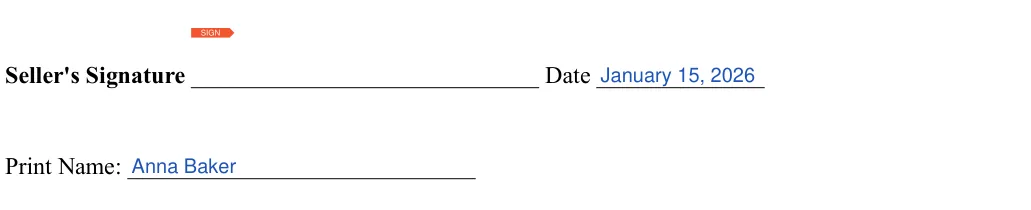 Purchase Agreement: Sellers signature, Date and more, filled with sample entries