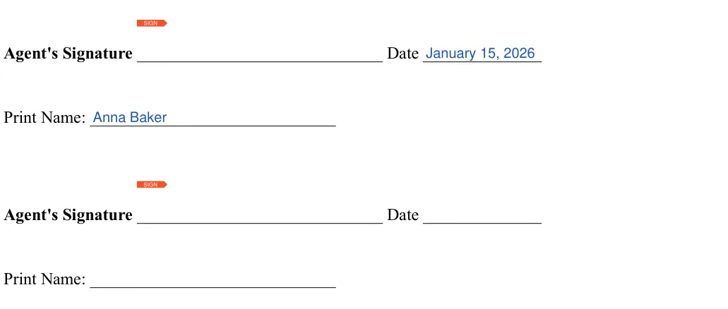 Purchase Agreement: Agents signature, Date and more, filled with sample entries