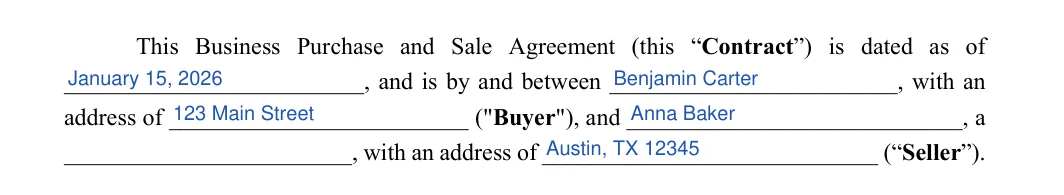Business Purchase and Sale Agreement: Date, Buyer and more, filled with sample entries