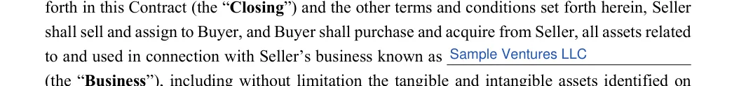 Business Purchase and Sale Agreement: Business, filled with sample entries