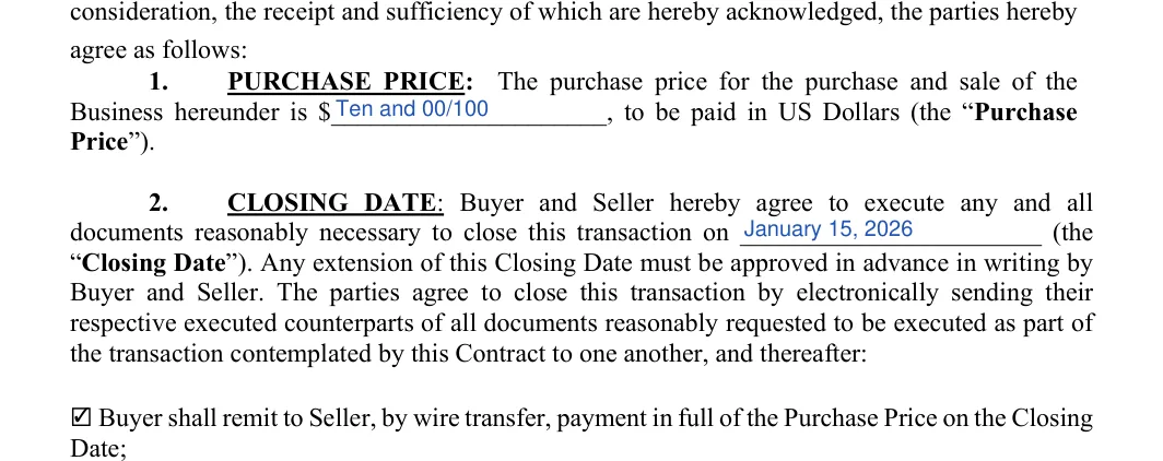 Business Purchase and Sale Agreement: agree as follows, filled with sample entries