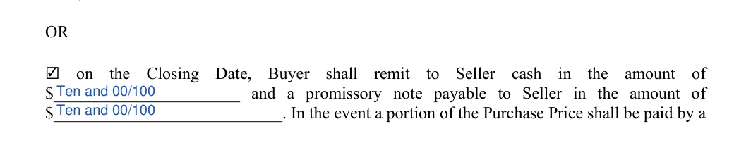Business Purchase and Sale Agreement: Check, Cash amount and more, filled with sample entries