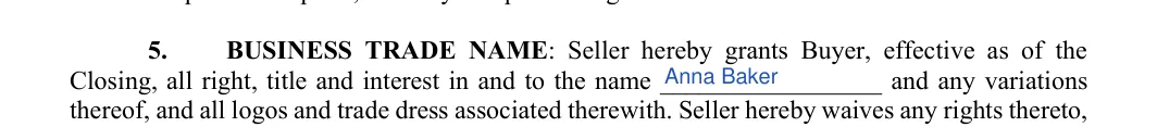 Business Purchase and Sale Agreement: To the name, filled with sample entries