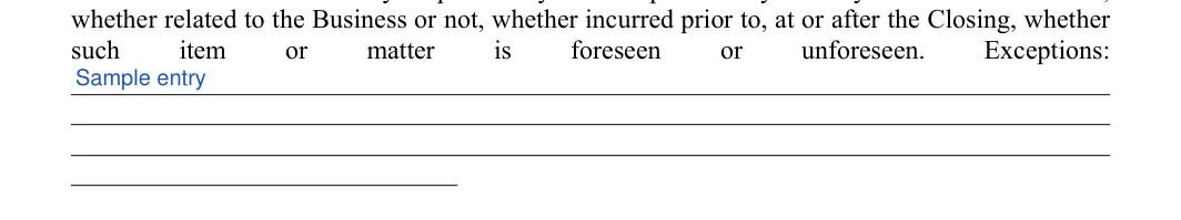 Business Purchase and Sale Agreement: Exceptions, filled with sample entries