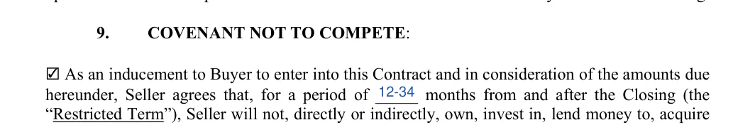 Business Purchase and Sale Agreement: COVENANT NOT TO COMPETE, filled with sample entries