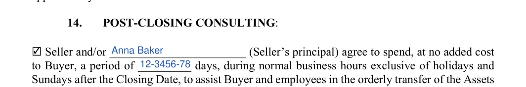 Business Purchase and Sale Agreement: POST-CLOSING CONSULTING, filled with sample entries