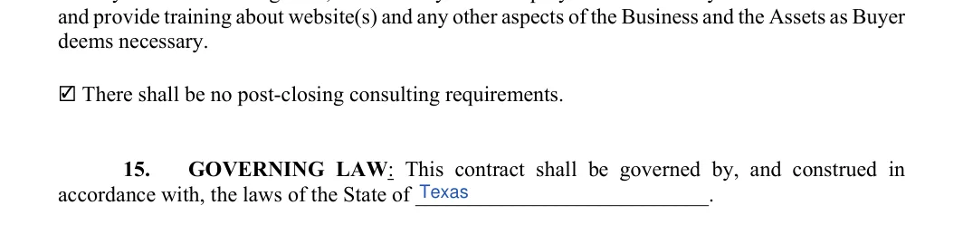 Business Purchase and Sale Agreement: Check, State of, filled with sample entries