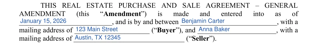 Contract Amendment: AMENDMENT, filled with sample entries