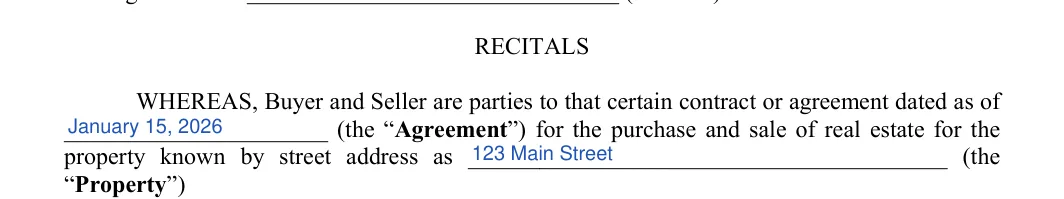 Contract Amendment: RECITALS, filled with sample entries