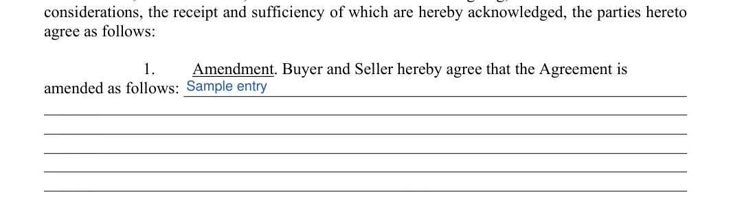 Contract Amendment: agree as follows, filled with sample entries