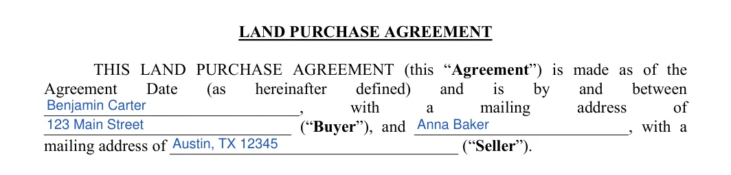 Land Purchase Agreement: LAND PURCHASE AGREEMENT, filled with sample entries