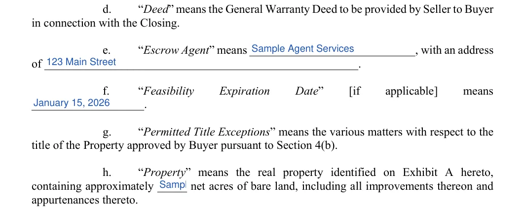 Land Purchase Agreement: Escrow agent, Address and more, filled with sample entries