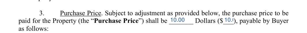 Land Purchase Agreement: Dollars, Sum, filled with sample entries