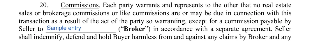 Land Purchase Agreement: Broker, filled with sample entries