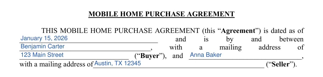 Mobile Home Purchase and Sales Agreement: MOBILE HOME PURCHASE AGREEMENT, filled with sample entries