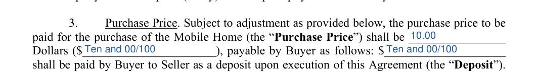 Mobile Home Purchase and Sales Agreement: Purchase price, Sum and more, filled with sample entries