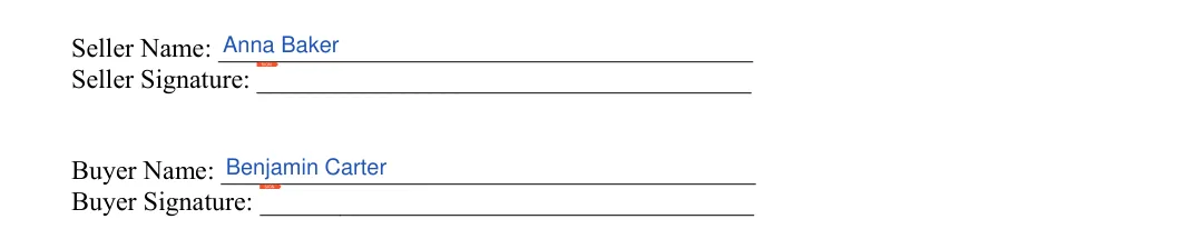 Mobile Home Purchase and Sales Agreement: Seller name, Seller signature and more, filled with sample entries