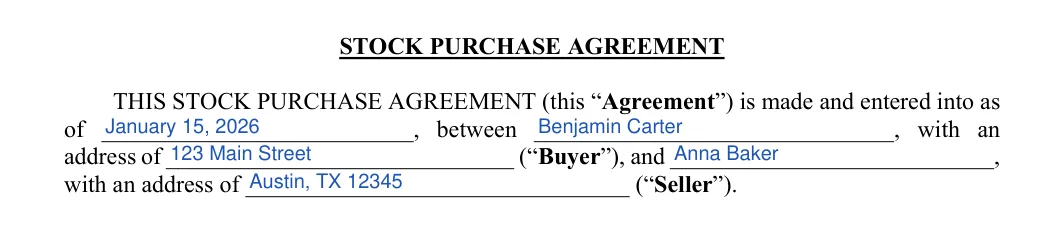 Stock (Shares) Purchase Agreement: STOCK PURCHASE AGREEMENT, filled with sample entries
