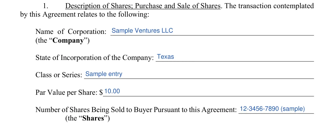 Stock (Shares) Purchase Agreement: by this Agreement relates to the following, filled with sample entries