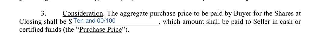 Stock (Shares) Purchase Agreement: Purchase price, filled with sample entries