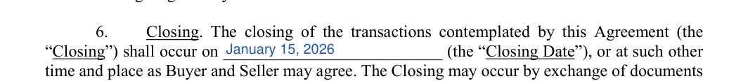 Stock (Shares) Purchase Agreement: Closing date, filled with sample entries