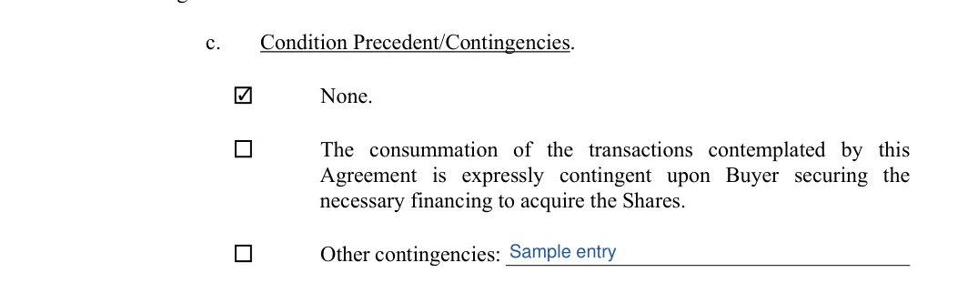 Stock (Shares) Purchase Agreement: Check, Other contingencies, filled with sample entries
